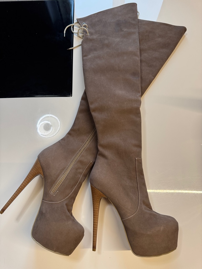 Tajna Women’s Taupe Over-The-Knee Platform Stiletto Boots 6.5” Heel